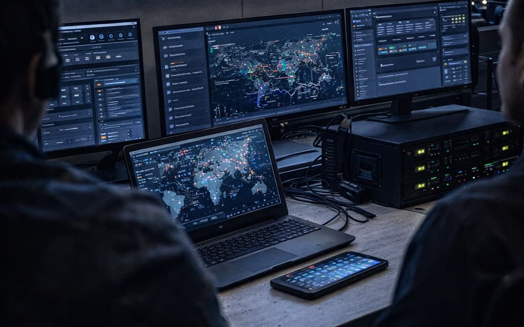 Operadores en una sala de monitoreo y control